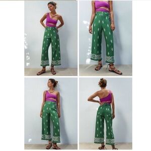 Zara Linen Embroidered Green Pants
